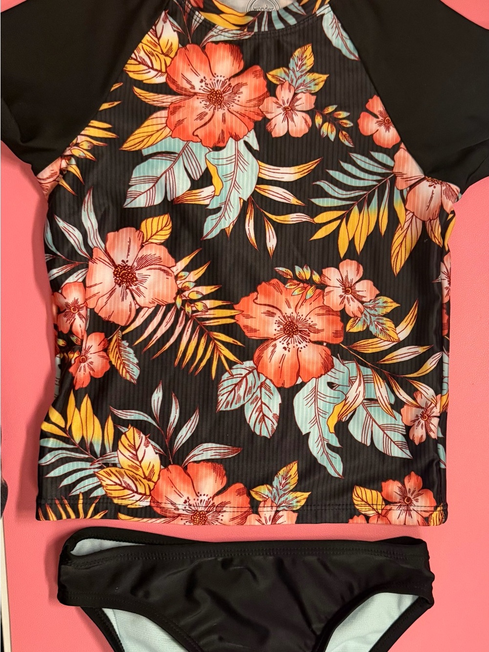 wonder nation Black Floral Short Sleeve Bodysuit Top with Coral and Mint Accents
